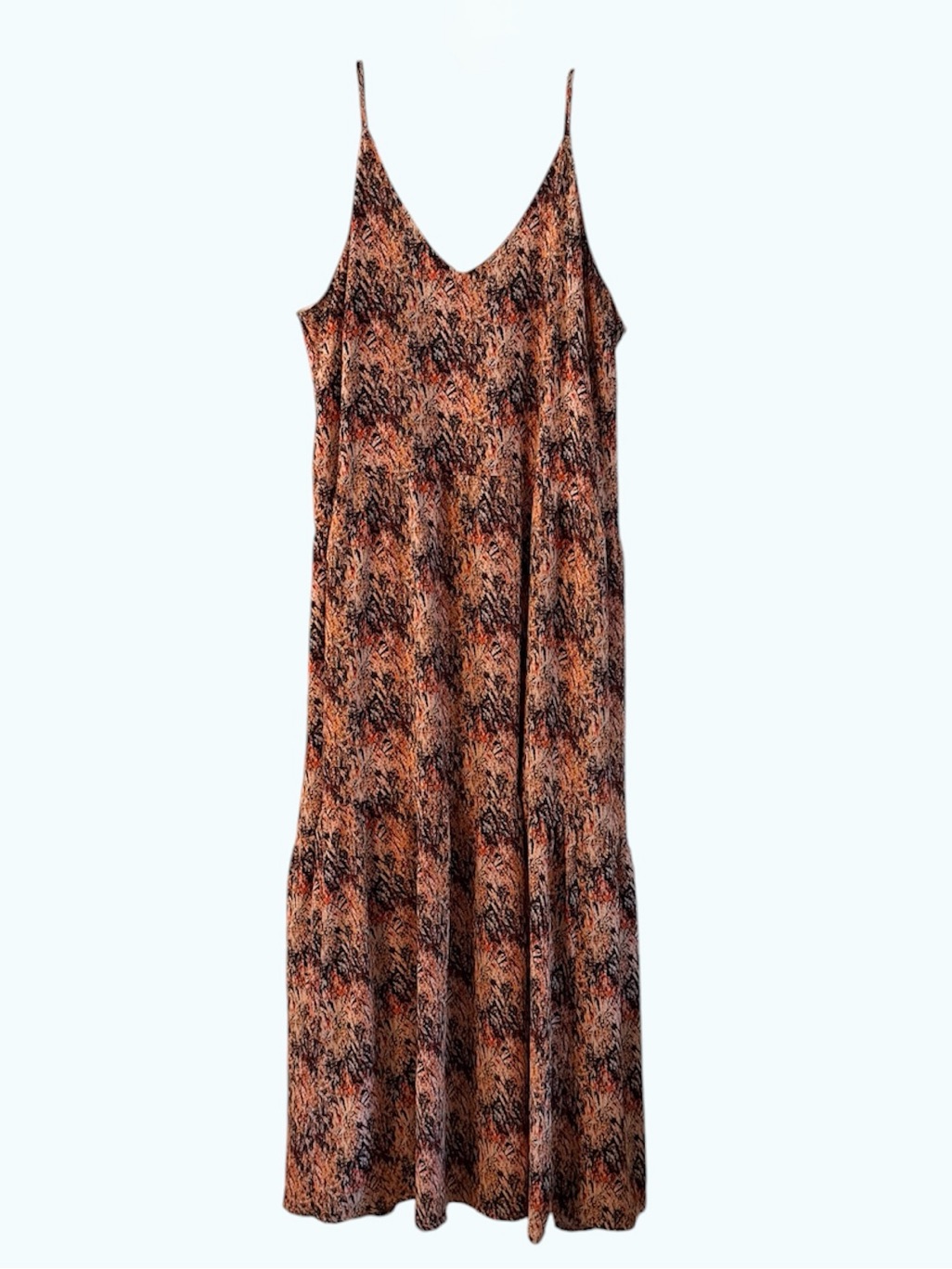 Thml Rusty Orange & Brown Abstract Print Spaghetti Strap Tiered Maxi Dress, L